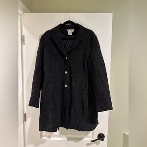 Elegant Black Textured Coat with pearl buttons detail.